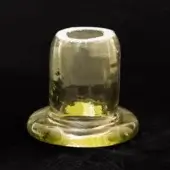 Venetian crystal vase, olive green with gold accents, cylindrical shape and flared base, textured glass surface.