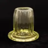 Barovier & Toso candlestick, pale yellow-green glass, cylindrical shape with vertical fluting and smoky gray gradient, clear transparent design.