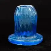 Barovier & Toso candlestick, blue Venetian crystal, cylindrical striated form with rippled disc base and frosted texture.