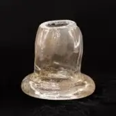 Venetian crystal sculpture, clear glass with gold inclusions, cylindrical shape and flared base, translucent hazy texture.