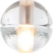 Spherical pendant light, clear glass with bubbles, brushed metal rod, warm yellow glow, studio product shot, white background.