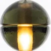 Grey glass bocci wall light with two spherical shades and a central stem, emitting warm light from a rectangular aperture.