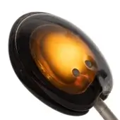 Bocci spherical pendant light, grey glass, amber center, glossy finish, metal arm, cylindrical base, studio shot.