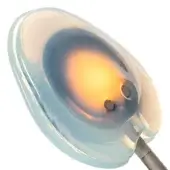 Bocci pendant light, white glass, spherical shape with marbled translucent white, pale blue, and yellow swirls, warm amber internal light.
