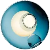 Bocci 28 ceiling light, blue glass sphere, features warm beige inner circle, chrome socket, and reflective base against olive green.