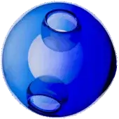 Bocci 28 pendant light, blue glass, two interconnected spherical orbs with glossy finish, studio lighting, olive-green backdrop.
