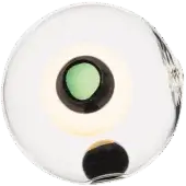Bocci 28 ceiling light, silver metal sphere, features a central glowing green light with black ring and golden reflection details.