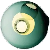 Bocci 28 pendant light, teal glass with silver-gray core, features a warm yellow band and bright white central aperture, studio shot.