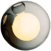Spherical pendant light, polished metal, featuring an opaque inner sphere emitting warm yellow light and subtle organic form.