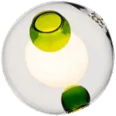 Bocci 28 pendant light, green glass, spherical enclosure features yin-yang inspired arrangement of rounded, luminous forms and reflective surface.