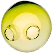 Silver wedding bands inside translucent green orb, gradient yellow to green, polished metal reflects light, diffused lighting, olive background.