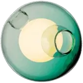 Bocci 28 pendant light, green glass sphere, contains overlapping white translucent forms and curved glass support arm.
