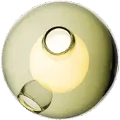 Brass pendant light, olive green glass sphere, circular canopy with reflective finish, diffused lighting, Bocci 28 model.