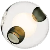 Ceiling light, polished silver, spherical shade with three dark grey textured glass spheres emitting warm white light, minimalist design.
