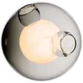 Bocci 28 wall light, grey metallic sphere, features diffused white bulb and chrome rings within reflective outer shell.