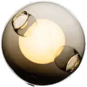 Bocci 28 ceiling light, grey sphere, reflective surface displays warm internal glow with suspended clear glass orbs, modern sculptural design.