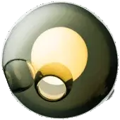 Bocci 28 wall light, grey finish, spherical diffuser emits warm yellow glow against olive-green backdrop, silver rim detail.