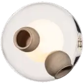 Bocci 28 wall light, chrome finish, features a central white sphere with two beige porcelain spheres, modern minimalist design.