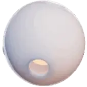 Ceiling light, translucent white glass, spherical shape with amber light source and beveled rim against olive-green backdrop.