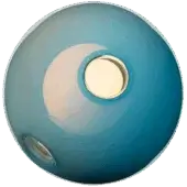 Bocci 28 pendant light, opaque blue glass, spherical form with recessed gold interior and curved white extension.