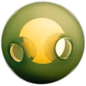 Bocci 28 pendant light, opaque green glass sphere with three layered golden orbs, each featuring a central circular aperture.