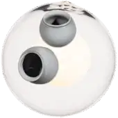 Bocci 28 pendant light, opaque grey glass sphere, features two recessed matte grey cylinders emitting diffused light, minimalist design.