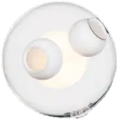 Bocci pendant light, opaque white glass, three-sphere cluster within a silver metal circular frame, warm diffused glow.