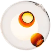 Bocci 28 ceiling light, clear glass, features a large white orb with two embedded amber spheres, emitting warm diffused light.