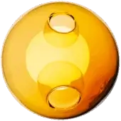 Bocci 28 pendant light, orange translucent glass, spherical form with two recessed circular apertures and glossy finish.