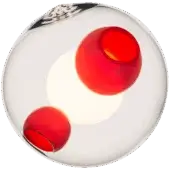 Glass sphere with two red orb lights, textured surface, asymmetrical placement, resembling Bocci 28 series, olive green background.