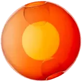 Bocci 28 pendant light, orange glass, features three concentric translucent orbs with a gradient from deep orange to yellow, hand-blown texture.