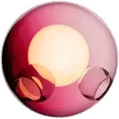 Bocci 28 pendant lamp, pink glass, features a large sphere with integrated white light and two smaller attached orbs, olive background.