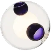 Bocci 28 pendant lights, purple glass cylinders, within a clear glass sphere, emitting warm light against an olive green backdrop.