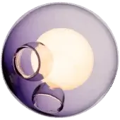 Bocci 28 pendant light, purple glass sphere with chrome rings, gradient violet to lavender, diffused warm white light, olive green backdrop.