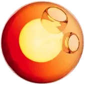 Bocci 28 pendant light, red glass, features three illuminated orbs within a spherical translucent shell, emitting warm yellow and amber tones.