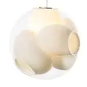 Bocci 38v pendant light, clear glass sphere with protruding opaque white glass orbs, sculptural design, warm diffused light, silver cord.