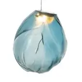 Bocci 73v pendant light, translucent blue glass, irregular folded shape suspended by silver wire, studio shot.