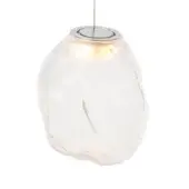 Bocci 73v pendant light, clear glass, rounded blossom shape with textured surface and chrome canopy, studio shot.