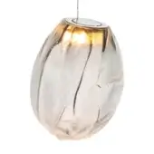 Spherical pendant light, grey textured glass, ridged surface with warm golden illumination, suspended by silver cord and chrome fitting.