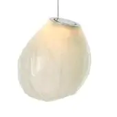 Bocci 73v pendant light, opaline blue glass, asymmetrical droplet shape with silver cap and diffused glow.