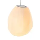 Bocci 73v pendant light, opaline white silk shade, circular gray metal cap, suspended by wire, soft white glow.