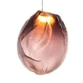 Bocci 73v pendant light, purple glass, organic cocoon shape with textured translucent surface and warm internal glow.