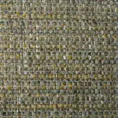 Olive-green woven fabric sample with mustard, teal, and gray flecks; dense, irregular texture with visible threads from Bonaldo collection.