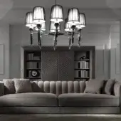 Lavish DV Home Collection Kent sofa with muted gray textile upholstery and chrome finished metal base