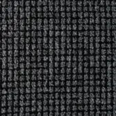 Brionne fabric sample, muted gray woven textile, repeating circular pattern with dark linear grid, looped pile texture.