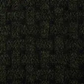 Woven fabric texture with repeating geometric pattern in muted olive green and deep black, displaying a dense, slightly irregular square motif.