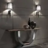 Exclusive DV Home Collection Hermes console with mottled brown wood and mirrored stainless steel arches built in a polished finish