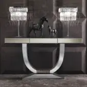 Superior DV Home Collection Hermes console with bevelled mirror accents and polished stainless steel base in neutral beige