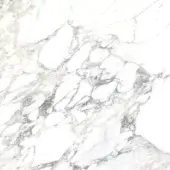 Calacatta ceramic texture with white base, grey and charcoal veining, and subtle gold highlights, displaying a polished, marbled pattern.