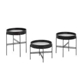 Distinguished Potocco Tray side table with circular white and gray veined marble top and curved ash edge built with a dark metal base
